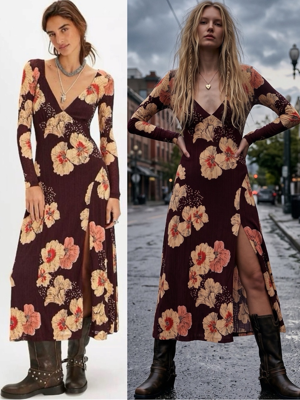 Free People Calla Midi Maxi Dress in Plum Combo Small Edgy Floral 90s Bohemian